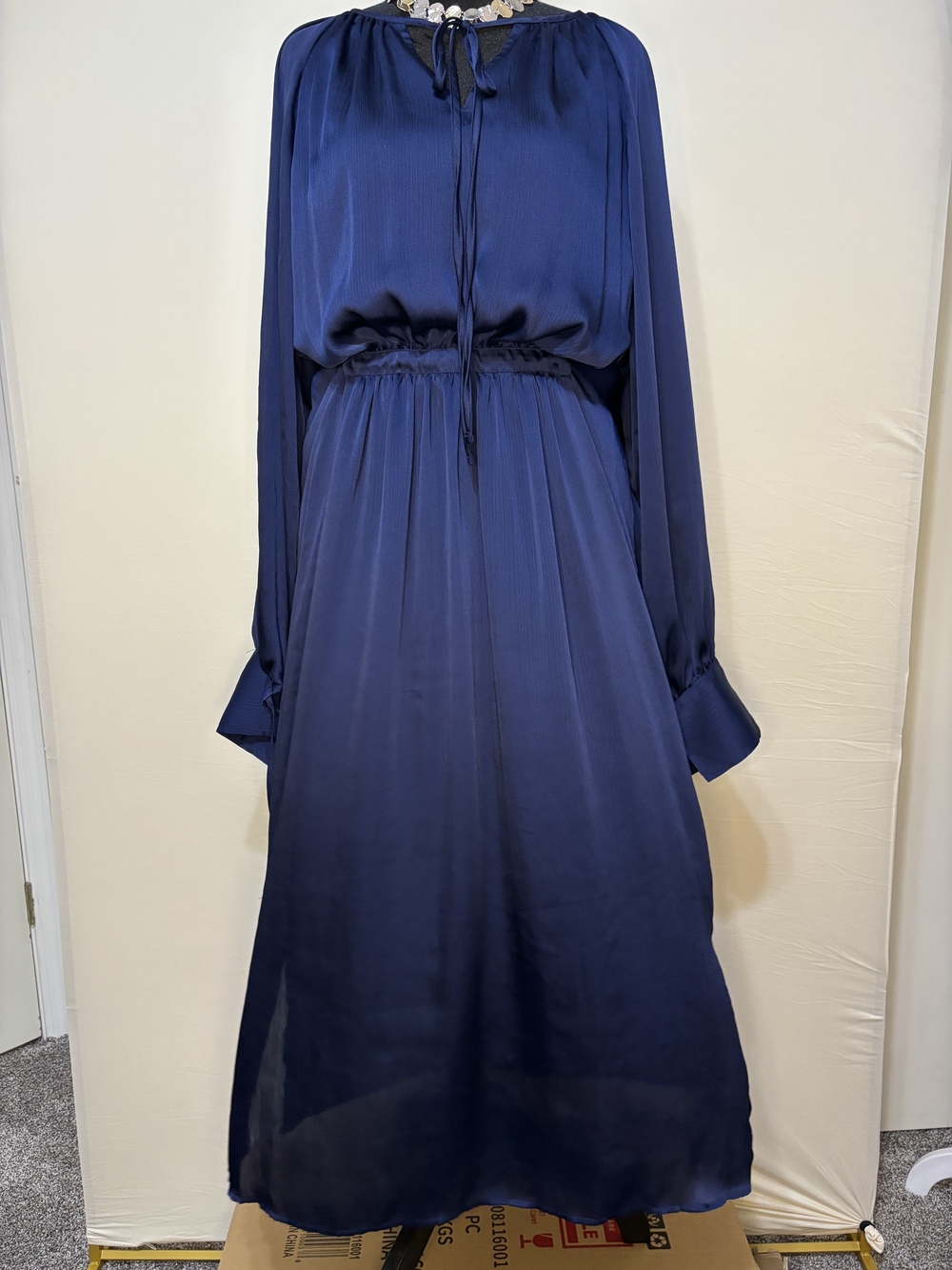 Ryegrass Navy Blue Satin Fit-and-Flare Long Sleeve Midi Dress Sz XL